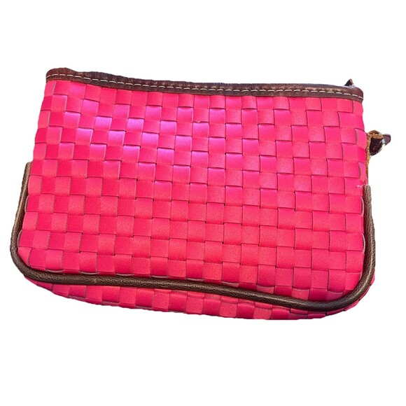 Consuela Pink Woven Large Wristlet Clutch Brown Leather Trim Embroidered Floral - Picture 3 of 6